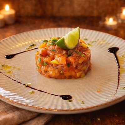 ceviche de saumon, pickles d'oignons rouges, mangue et coriandre 400px